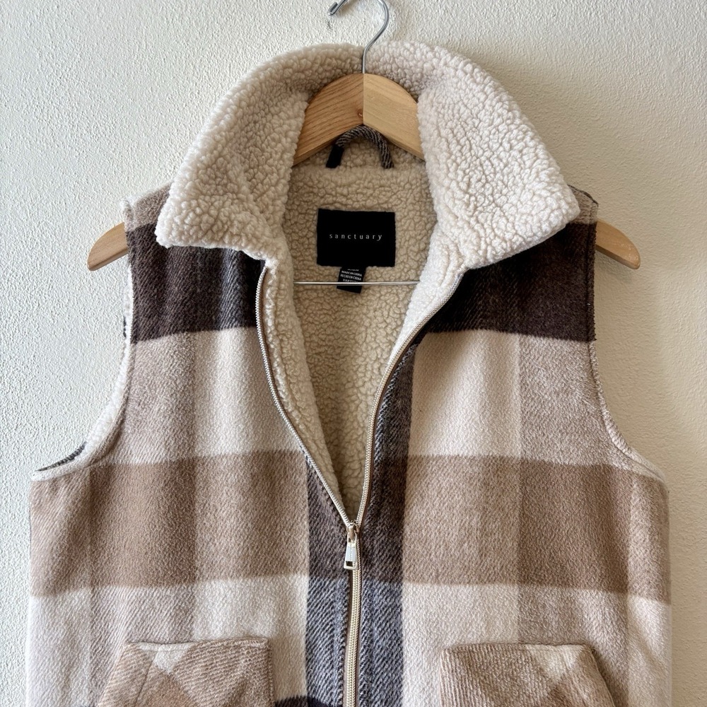 Sanctuary Plaid Sherpa Lined Vest Women's S Zip Front Brown Tan Cream Gorpcore - Picture 2 of 11